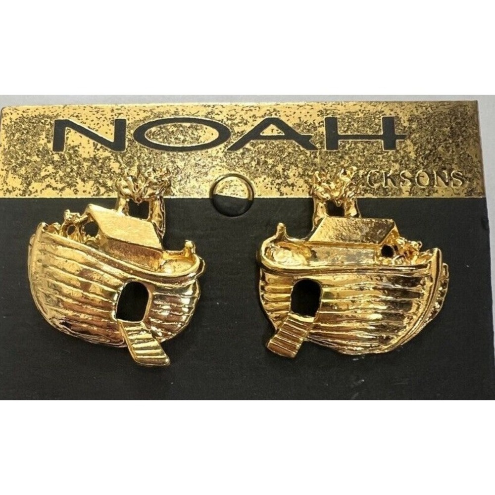 Vintage Noah's Ark Post Earrings Gold‎ Tone Animals NOS 1980s Noahs Studs Posts